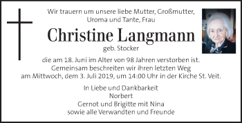 Traueranzeige von Christine Langmann von Kleine Zeitung
