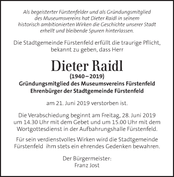 Traueranzeige von Dieter Raidl von Kleine Zeitung