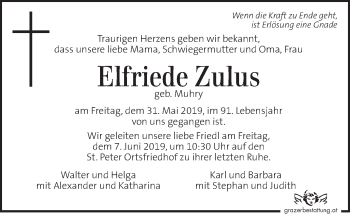 Traueranzeige von Elfriede Zulus von Kleine Zeitung