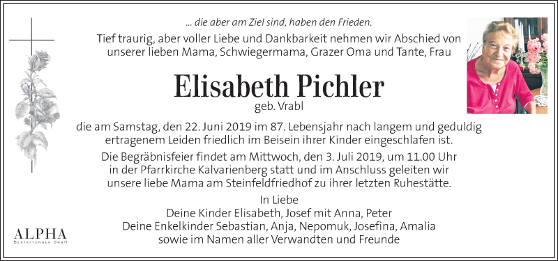  Traueranzeige für Elisabeth Pichler vom 26.06.2019 aus Kleine Zeitung