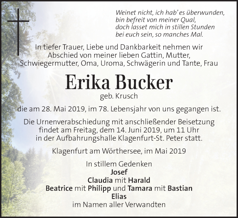  Traueranzeige für Erika Bucker vom 02.06.2019 aus Kleine Zeitung