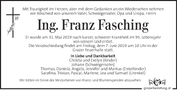 Traueranzeige von Franz Fasching von Kleine Zeitung