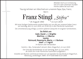 Traueranzeige von Franz Stingl von Kleine Zeitung