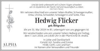 Traueranzeige von Hedwig Flicker von Kleine Zeitung