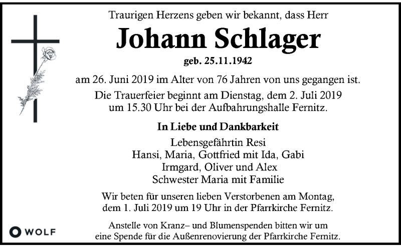  Traueranzeige für Johann Schlager vom 29.06.2019 aus Kleine Zeitung