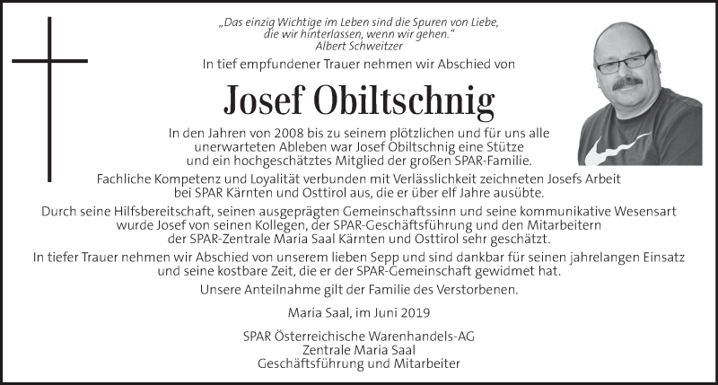  Traueranzeige für Josef Obiltschnig vom 21.06.2019 aus Kleine Zeitung