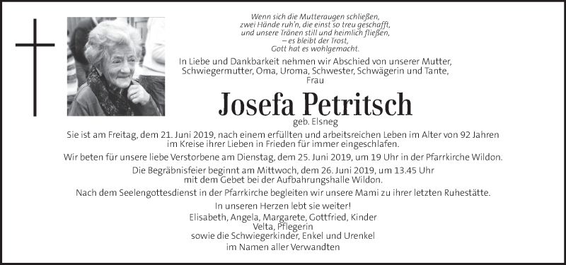  Traueranzeige für Josefa Petritsch vom 25.06.2019 aus Kleine Zeitung