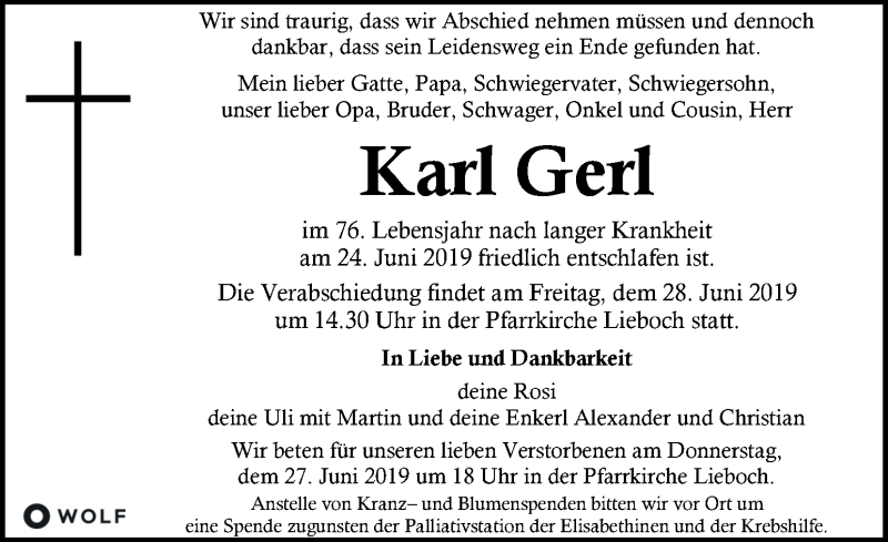  Traueranzeige für Karl Gerl vom 26.06.2019 aus Kleine Zeitung