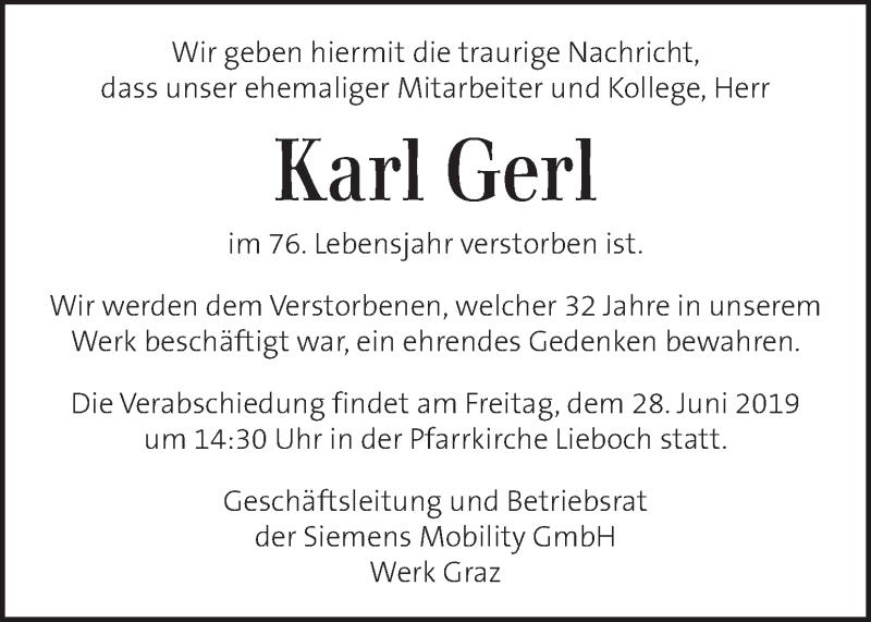  Traueranzeige für Karl Gerl vom 26.06.2019 aus Kleine Zeitung