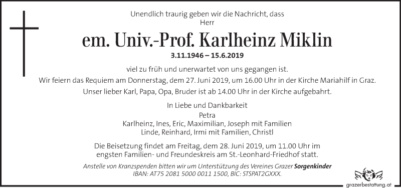  Traueranzeige für Karlheinz Miklin vom 20.06.2019 aus Kleine Zeitung