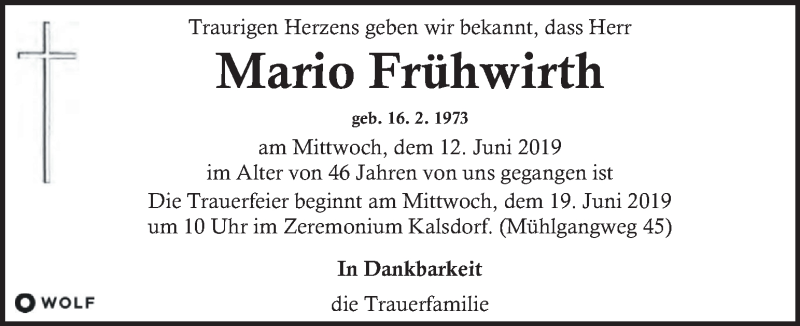  Traueranzeige für Mario Frühwirth vom 15.06.2019 aus Kleine Zeitung