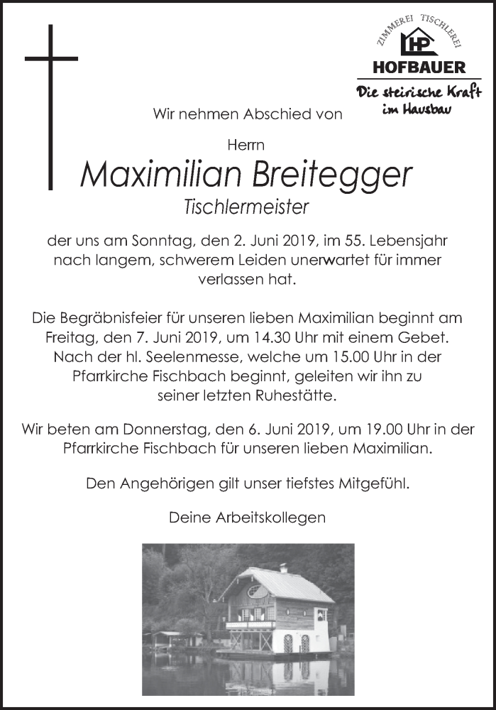  Traueranzeige für Maximilian Breitegger vom 05.06.2019 aus Kleine Zeitung