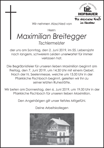 Traueranzeige von Maximilian Breitegger von Kleine Zeitung