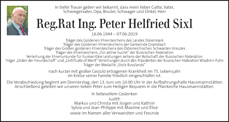  Traueranzeige für Peter Helfried Sixl  vom 09.06.2019 aus Kleine Zeitung