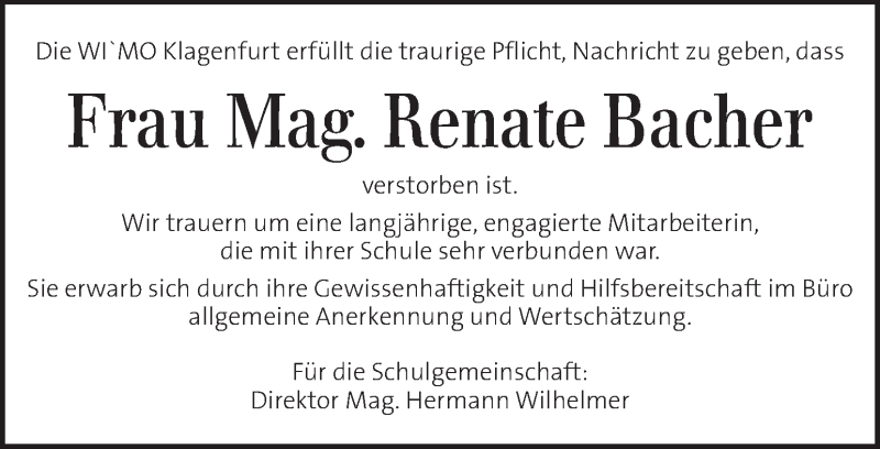  Traueranzeige für Renate Bacher  vom 18.06.2019 aus Kleine Zeitung