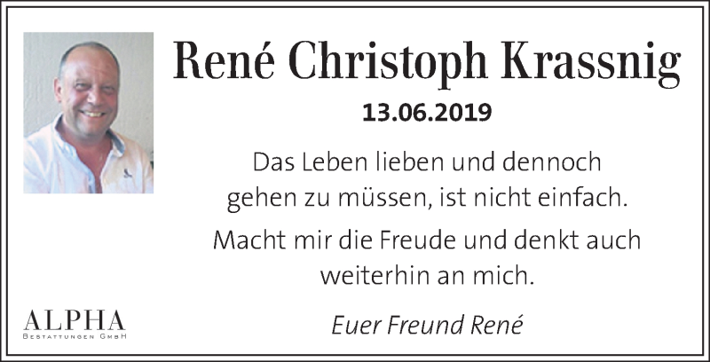  Traueranzeige für René Christoph Krassnig vom 23.06.2019 aus Kleine Zeitung