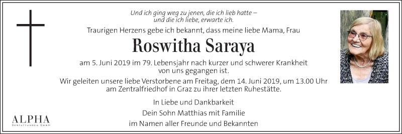  Traueranzeige für Roswitha Saraya vom 12.06.2019 aus Kleine Zeitung