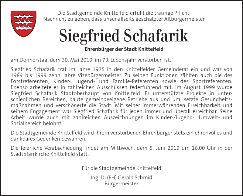  Traueranzeige für Siegfried Schafarik vom 05.06.2019 aus Kleine Zeitung