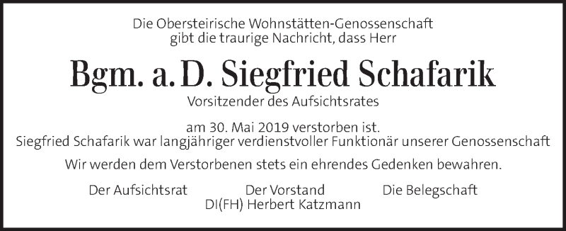  Traueranzeige für Siegfried Schafarik vom 04.06.2019 aus Kleine Zeitung