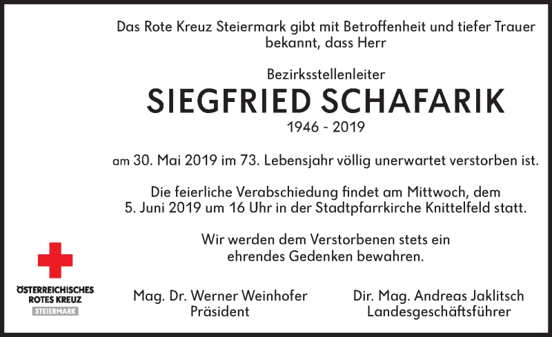  Traueranzeige für Siegfried Schafarik vom 04.06.2019 aus Kleine Zeitung