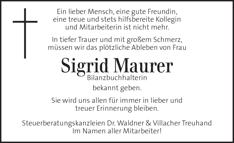  Traueranzeige für Sigrid Maurer vom 02.06.2019 aus Kleine Zeitung