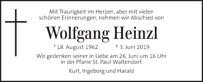  Traueranzeige für Wolfgang Heinzl vom 22.06.2019 aus Kleine Zeitung