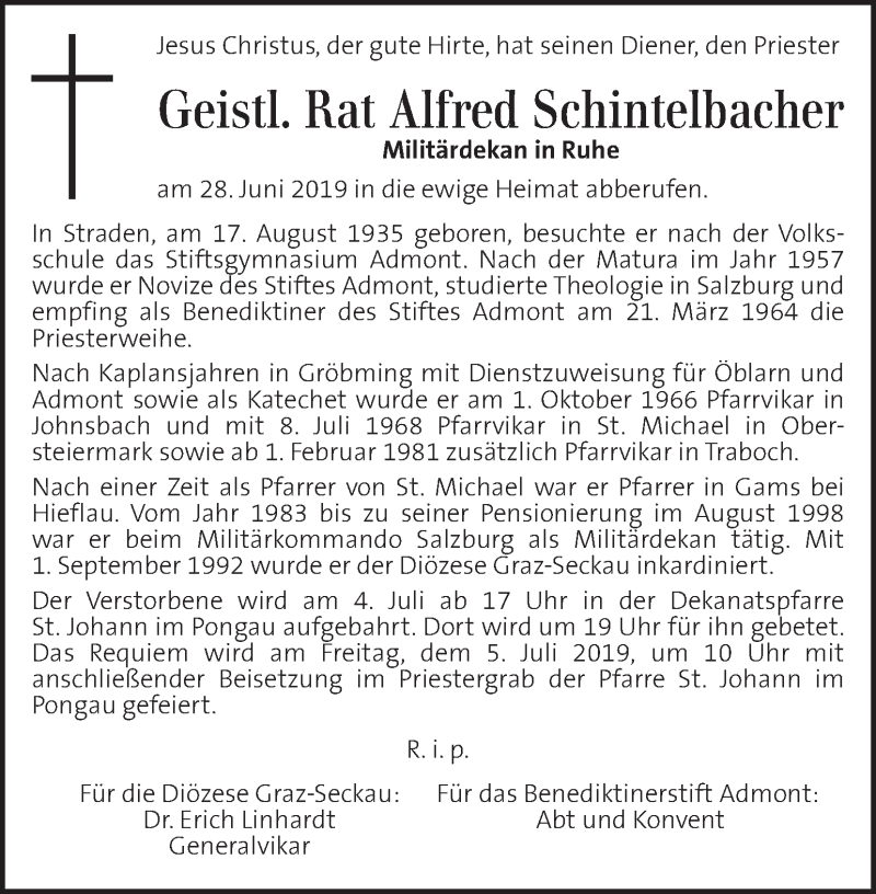  Traueranzeige für Alfred Schintelbacher vom 04.07.2019 aus Kleine Zeitung