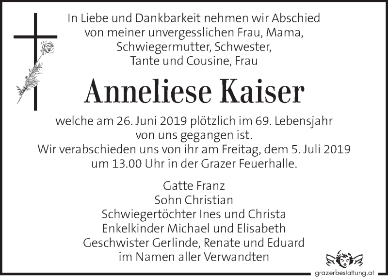  Traueranzeige für Anneliese Kaiser vom 02.07.2019 aus Kleine Zeitung