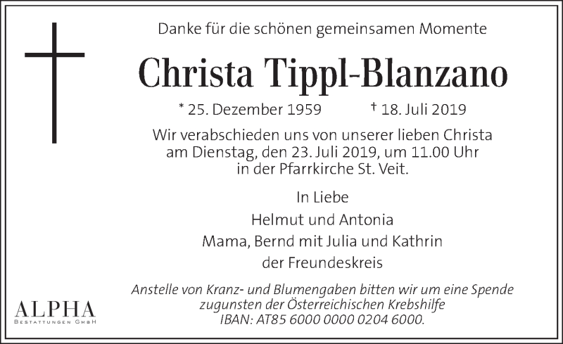  Traueranzeige für Christa Tippl-Blanzano vom 20.07.2019 aus Kleine Zeitung