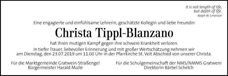  Traueranzeige für Christa Tippl-Blanzano vom 21.07.2019 aus Kleine Zeitung