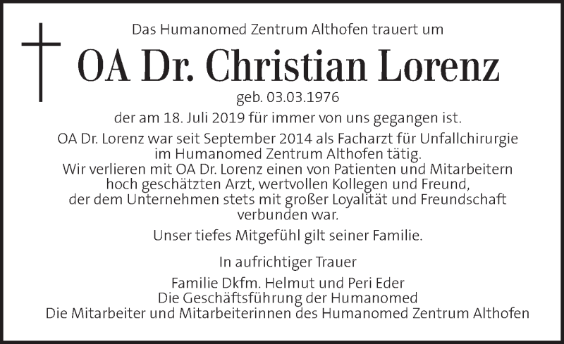  Traueranzeige für Christian Lorenz vom 21.07.2019 aus Kleine Zeitung