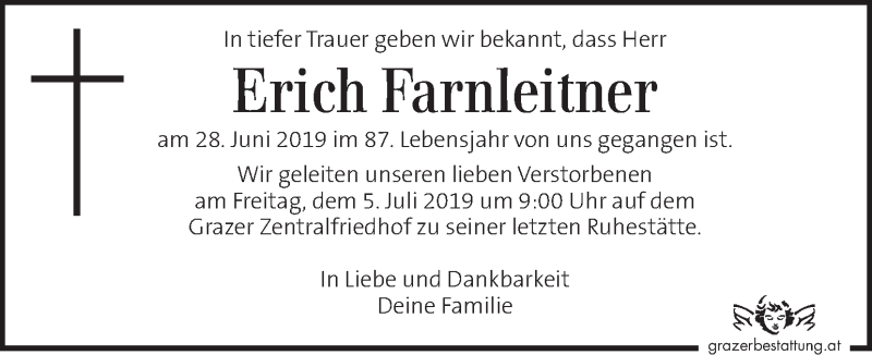  Traueranzeige für Erich Farnleitner vom 03.07.2019 aus Kleine Zeitung