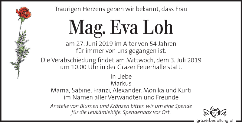  Traueranzeige für Eva Loh vom 02.07.2019 aus Kleine Zeitung
