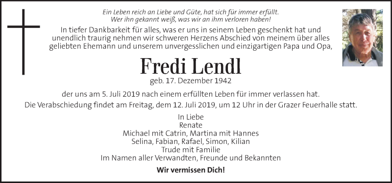  Traueranzeige für Fredi Lendl vom 10.07.2019 aus Kleine Zeitung