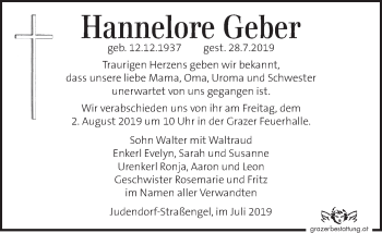 Traueranzeige von Hannelore Geber von Kleine Zeitung
