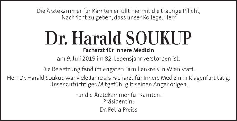  Traueranzeige für Harald Soukup vom 20.07.2019 aus Kleine Zeitung