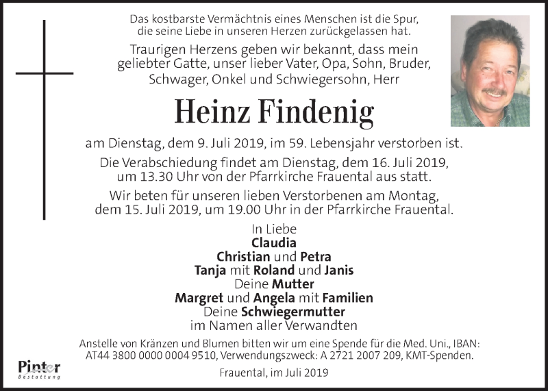  Traueranzeige für Heinz Findenig vom 12.07.2019 aus Kleine Zeitung