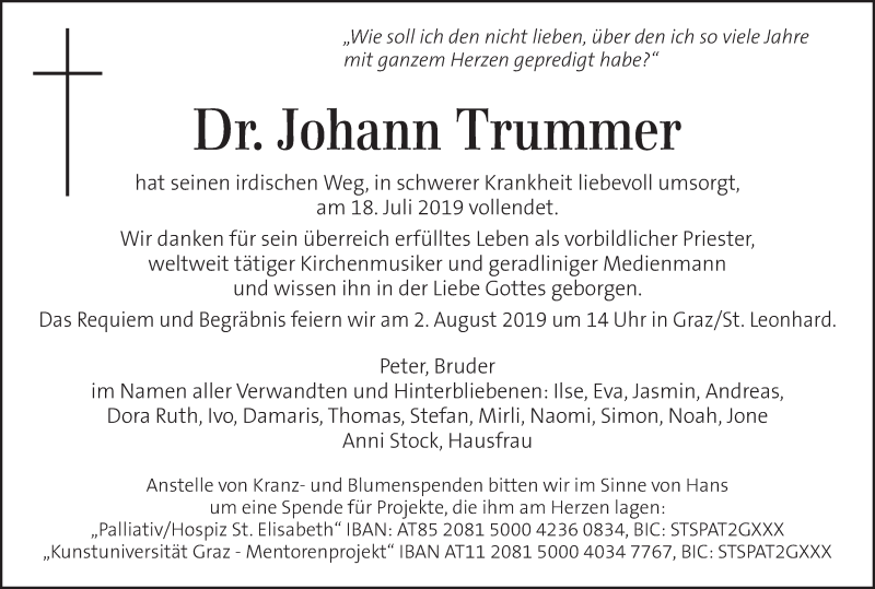  Traueranzeige für Johann Trummer vom 21.07.2019 aus Kleine Zeitung