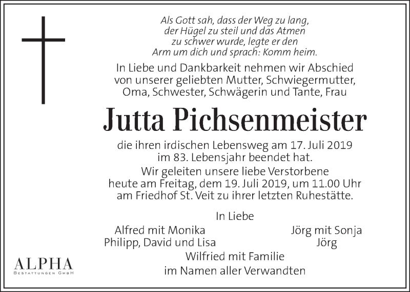  Traueranzeige für Jutta Pichsenmeister vom 19.07.2019 aus Kleine Zeitung