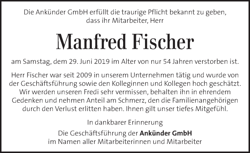  Traueranzeige für Manfred Fischer vom 09.07.2019 aus Kleine Zeitung