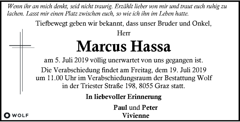  Traueranzeige für Marcus Hassa vom 14.07.2019 aus Kleine Zeitung