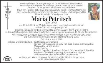 Traueranzeige von Maria Petritsch von Kleine Zeitung