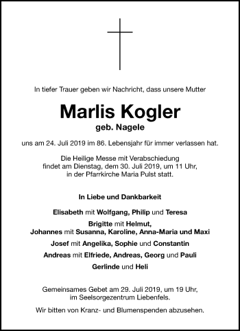 Traueranzeige von Marlis Kogler von Kleine Zeitung