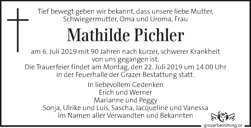  Traueranzeige für Mathilde Pichler vom 17.07.2019 aus Kleine Zeitung