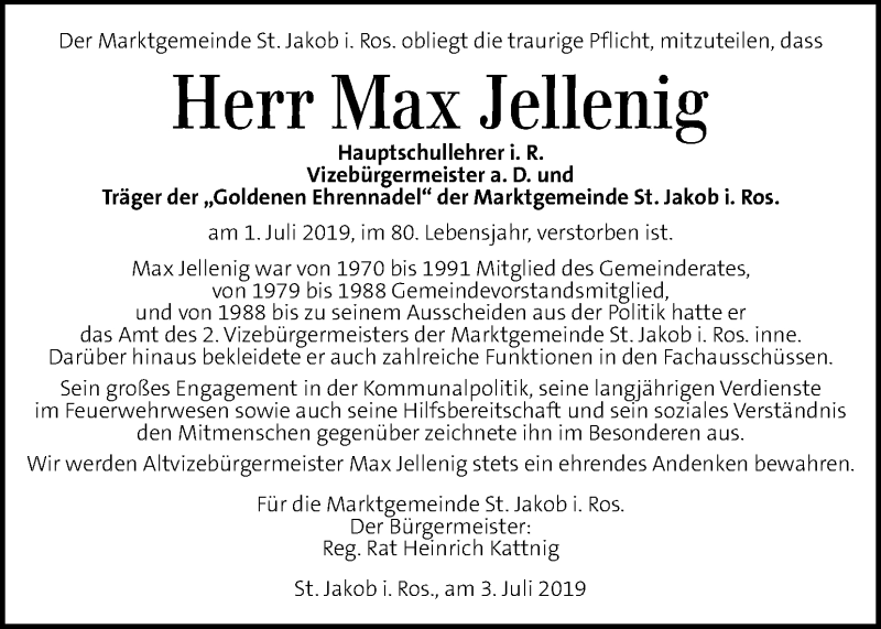  Traueranzeige für Max Jellenig vom 04.07.2019 aus Kleine Zeitung