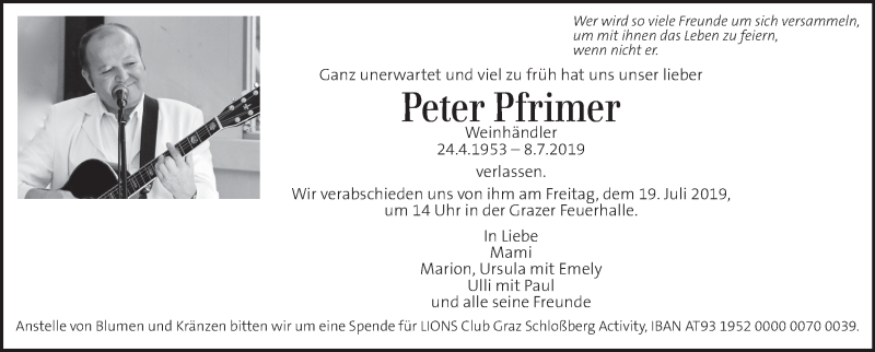  Traueranzeige für Peter Pfrimer vom 16.07.2019 aus Kleine Zeitung
