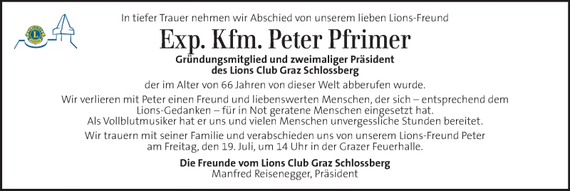 Traueranzeige für Peter Pfrimer vom 13.07.2019 aus Kleine Zeitung