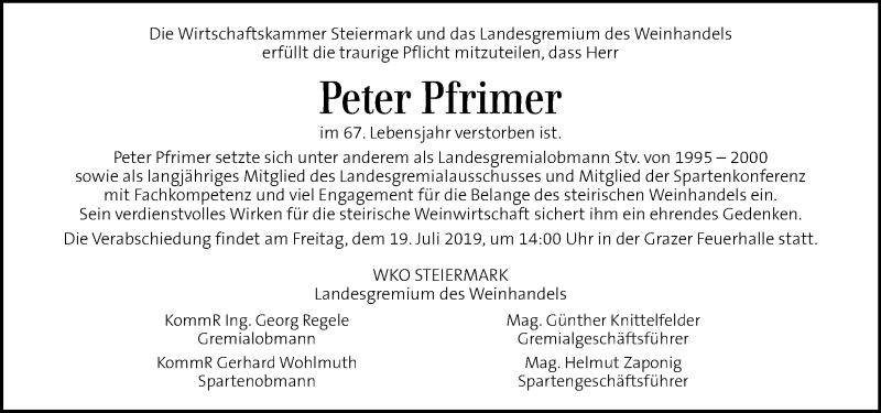  Traueranzeige für Peter Pfrimer vom 18.07.2019 aus Kleine Zeitung