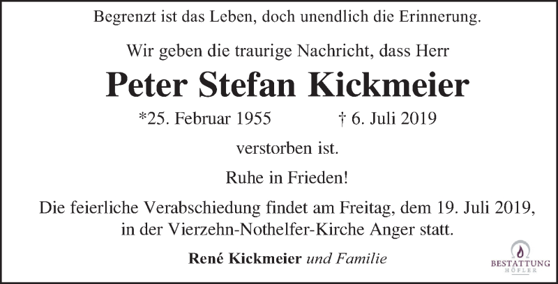  Traueranzeige für Peter Stefan Kickmeier vom 17.07.2019 aus Kleine Zeitung
