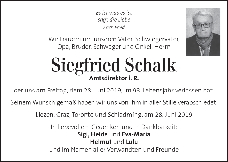  Traueranzeige für Siegfried Schalk vom 06.07.2019 aus Kleine Zeitung
